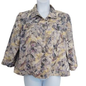 Chico's Linen‎ Blend Multicolor Abstract 3/4 Sleeve Jacket Pockets Modern